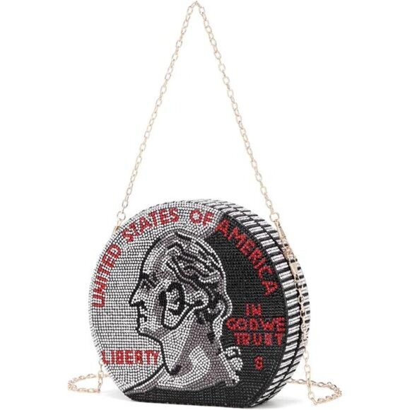Quarter Coin Purse Handbag Rhinestone Evening Clutch Bag Money Shoulder Strap - Picture 2 of 7